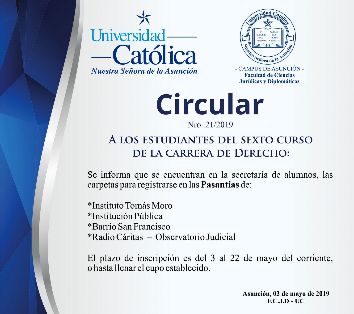 Circular 21 – A los estudiantes del sexto curso de la carrera de Derecho