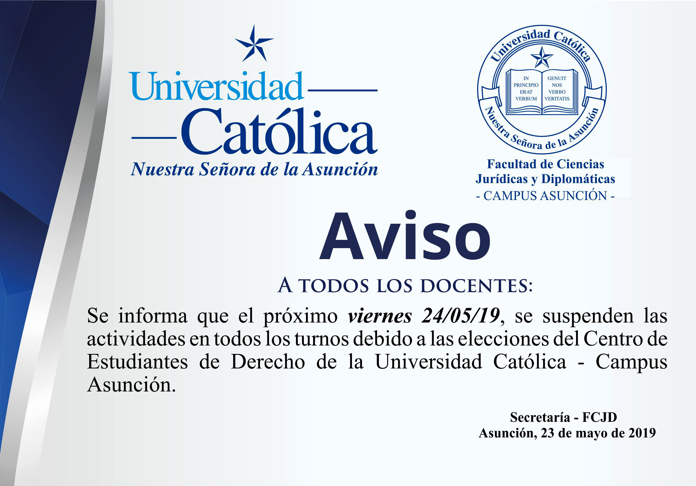 Suspensión de Clases el viernes 24 de mayo