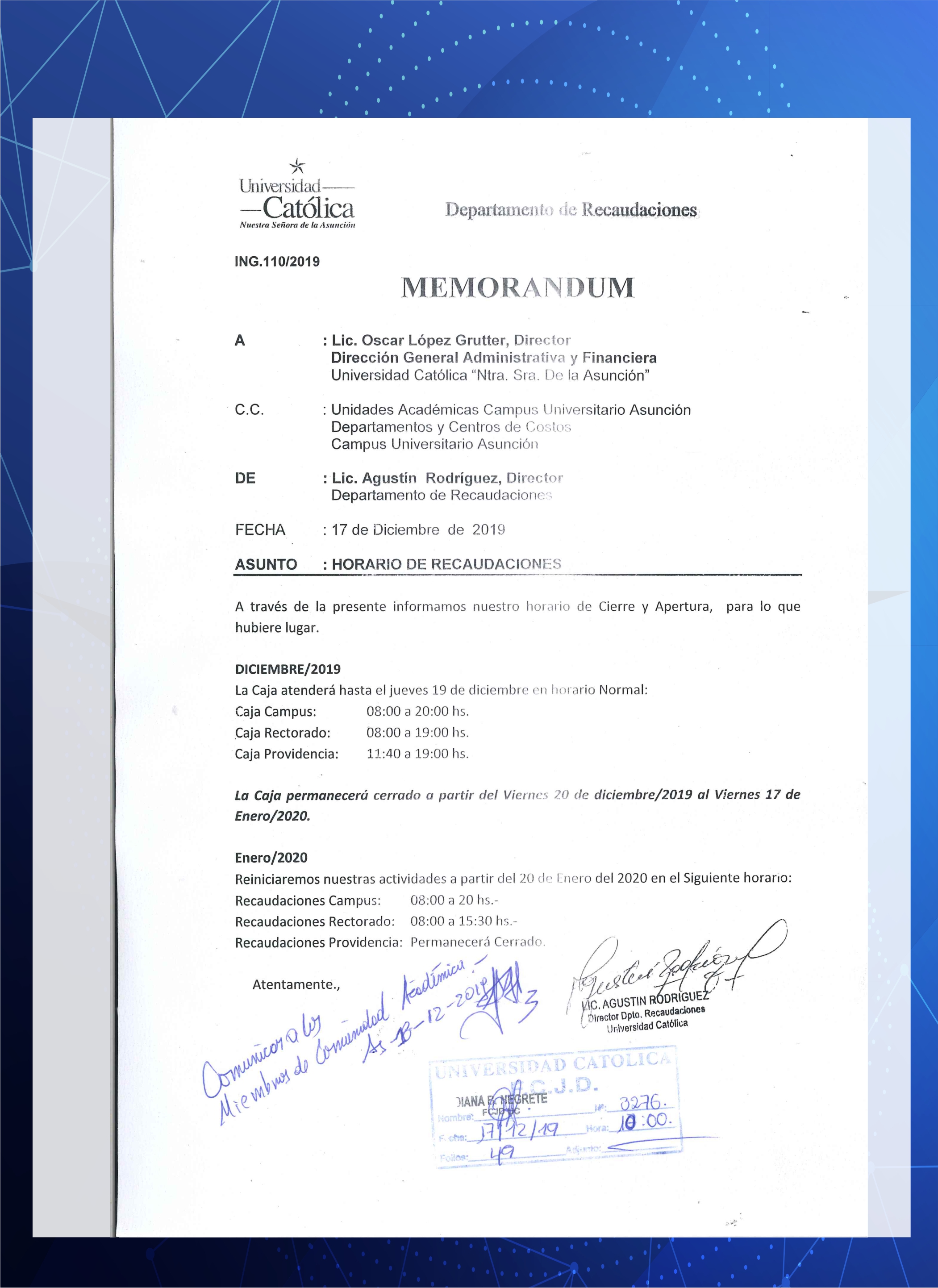 MEMORANDUM – RECAUDACIONES