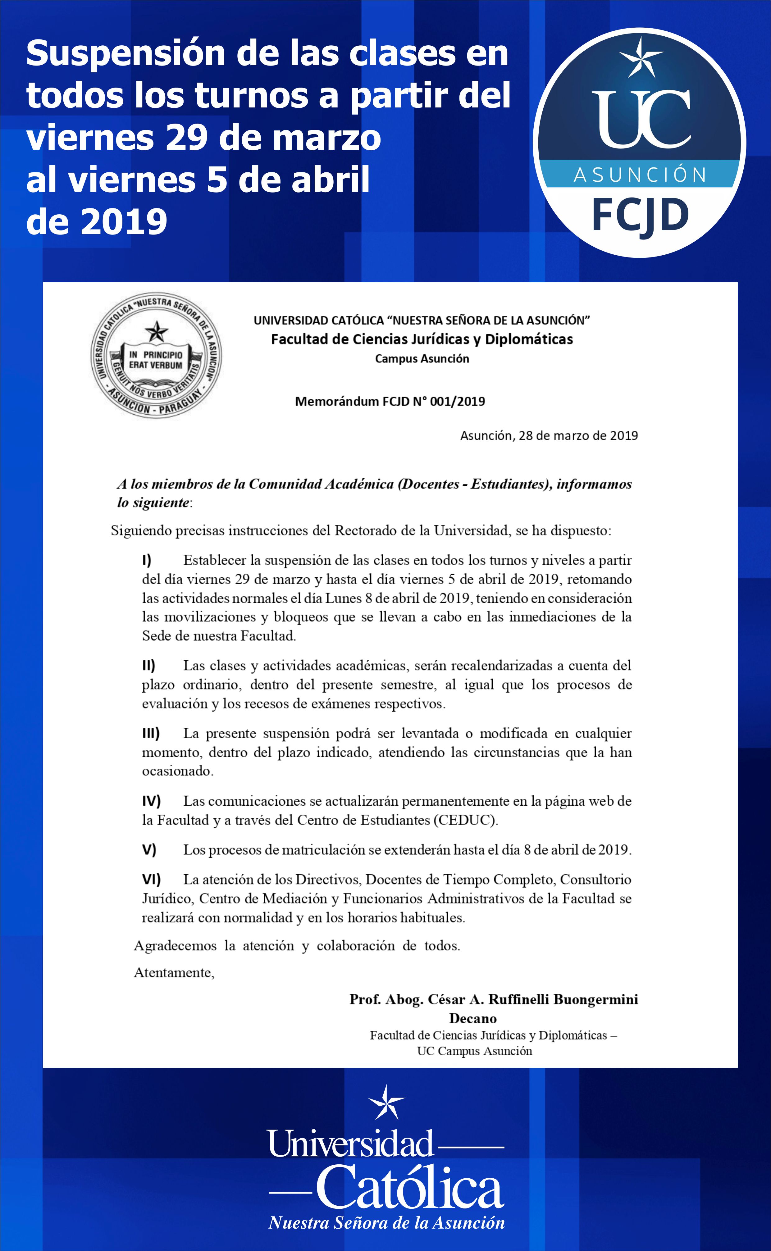 Suspensión de las clases del viernes 29 de marzo hasta el día viernes 5 de abril de 2019