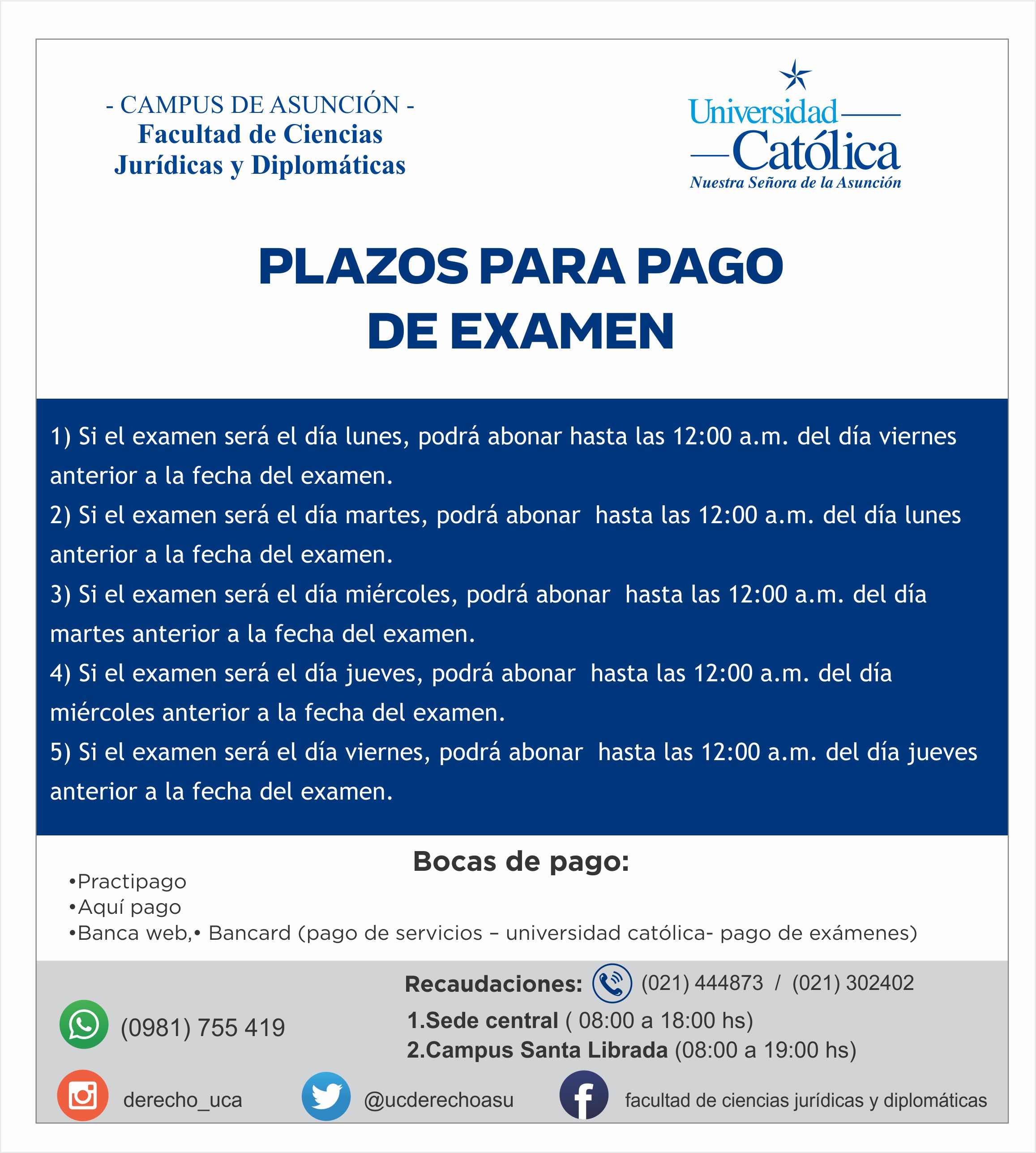 Plazos para el pago de exámenes